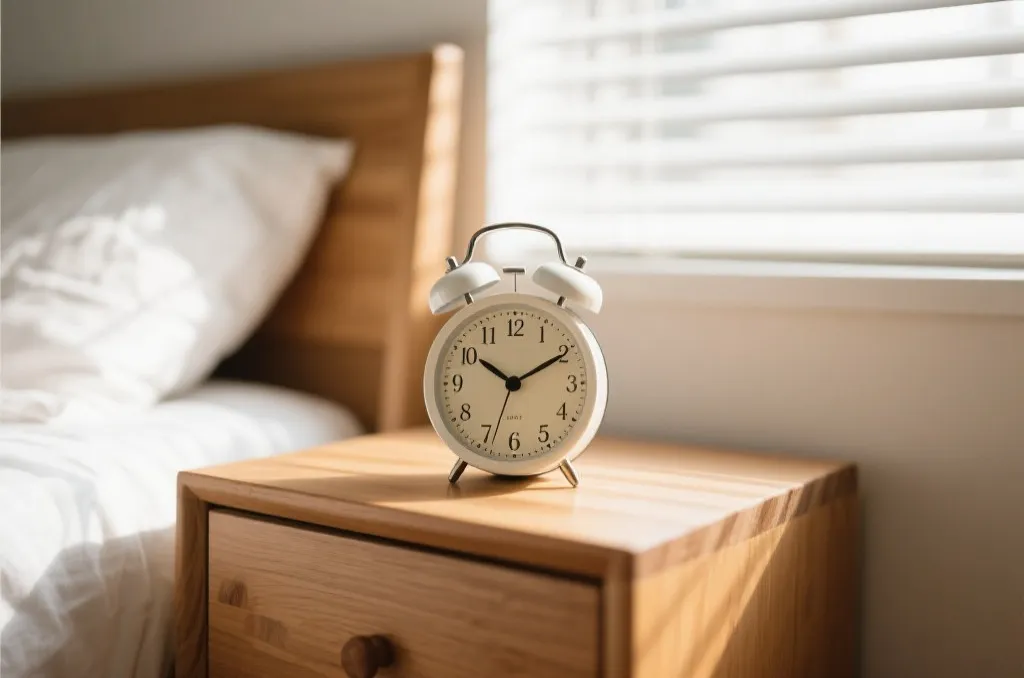 A classic analog alarm clock on a wooden bedside table, soft morning sunlight filtering through the window